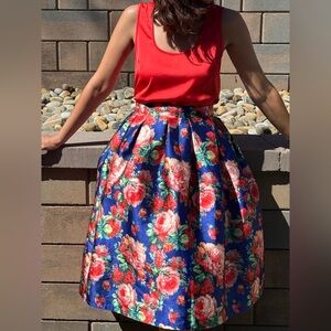 Vibrant Floral Midi Skirt in Blue and Red